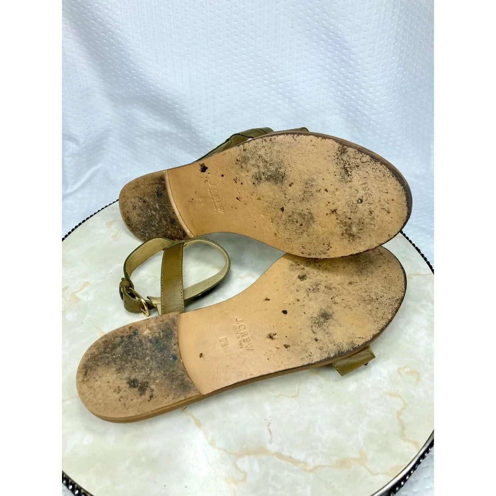 J. Crew Jeweled Ankle Strap Flat Sandals Womens 9.5 Olive Green Leather Summer